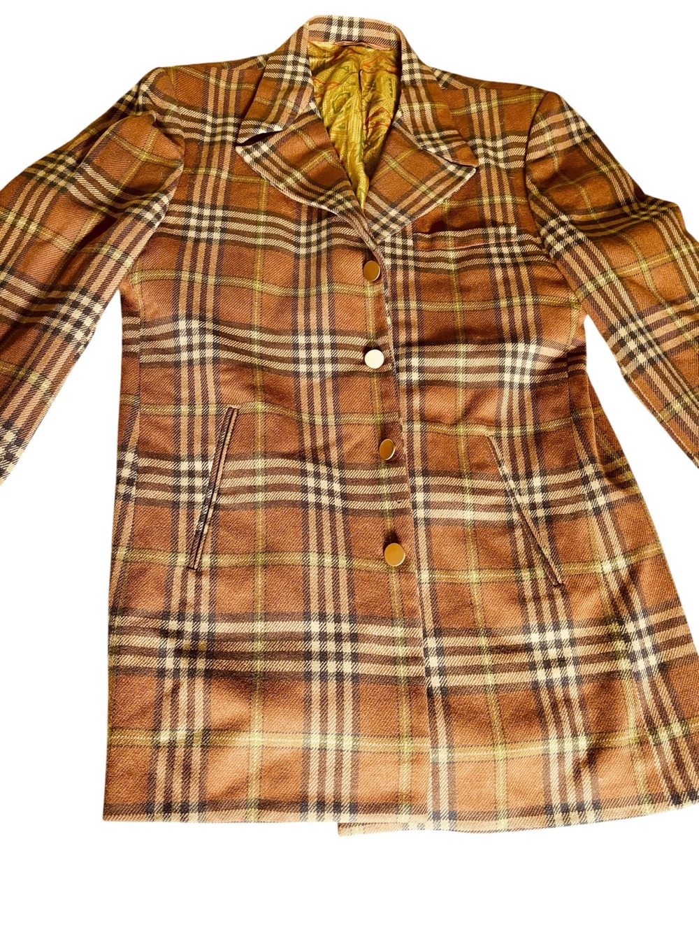 Men’s Vintage 70s MCM Bespoke Plaid Brown Wool-Blend Blazer Coat Jacket